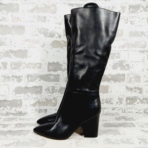 New Nine West Peachey Black Leather Pointy Toe Block Heel Knee High Boot A228